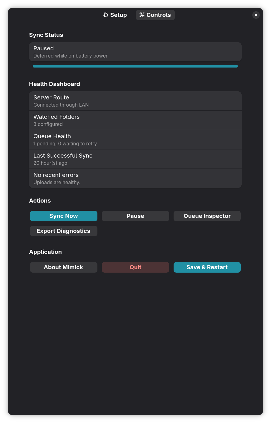 Mimick status page showing sync controls and health information
