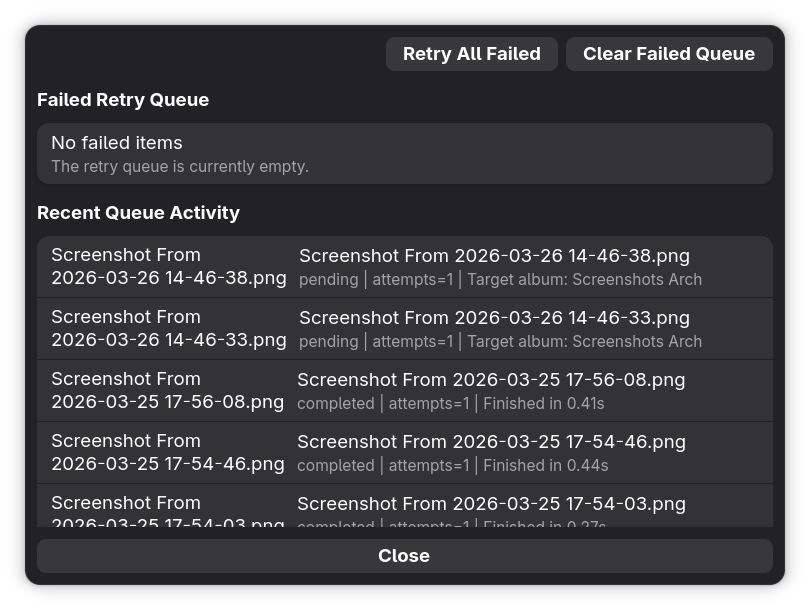 Mimick queue inspector showing recent events and failed-item controls