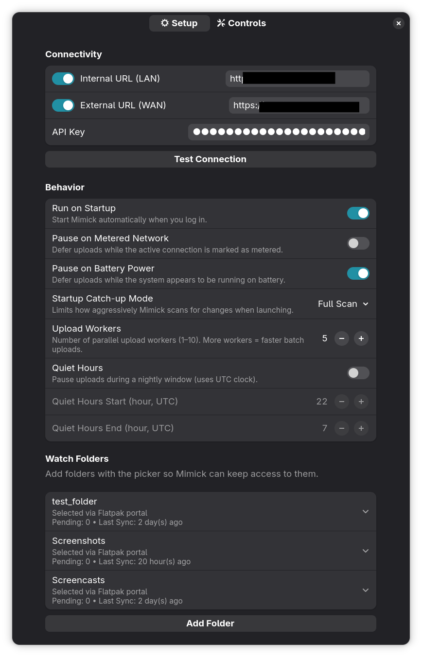 Mimick settings window showing server, behavior, and watch-folder configuration